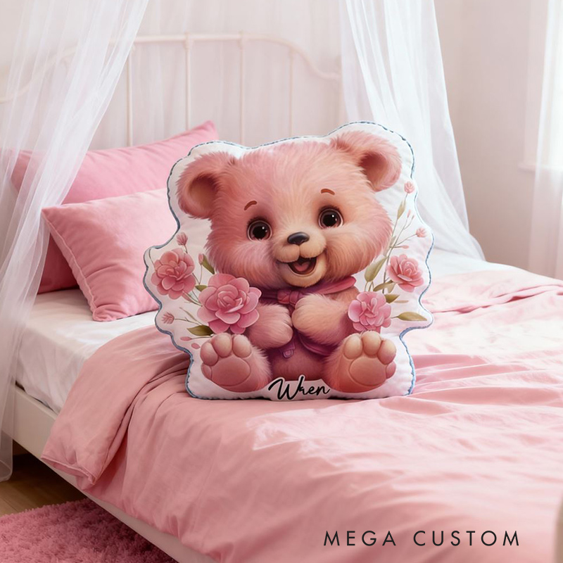 Personalized Pink Bear Pillow with Added Name and Floral Design for Kids Gardening Lovers Gift