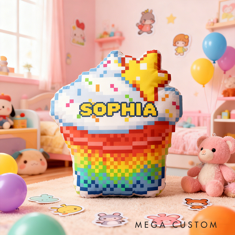 Personalized Pixel Cupcake Name Custom Soft Decorative Gift Rainbow Star Style Fun Colorful Sweet Cozy Kid Room Lovely Dessert Fantasy Dream Graphic 3D Print Pillow