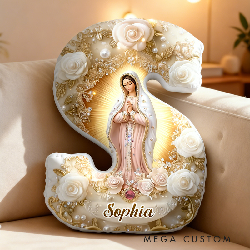 Personalized Virgin Mary Prayer Letter Pillow with Name Catholic Gift for Spiritual Home Decor Our Lady of Guadalupe Pearl White Rose Graphic 3D Print