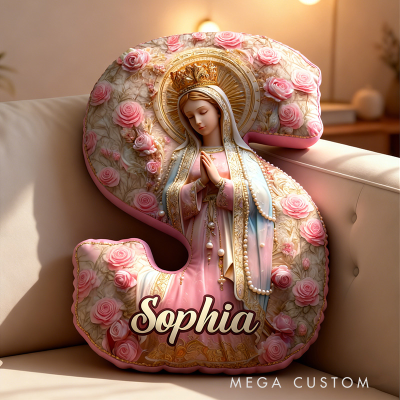 Personalized Virgin Mary Prayer Letter Pillow with Custom Name Faith Home Decor Catholic Gift for Her Blessed Mother Pink Rose Graphic 3D Print Pillow