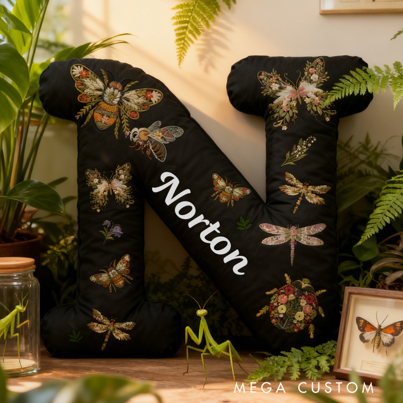 Personalized Bugs & Floral Initial Pillow Custom Outdoor Nature Lovers Pillow Gift for Nature Adventure Enthusiasts