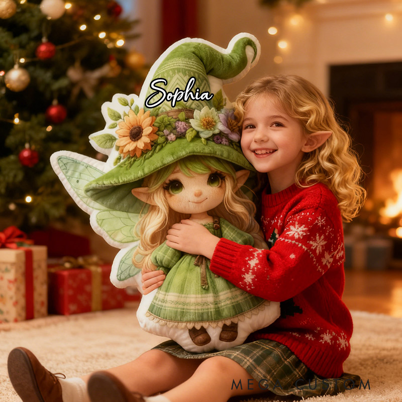 Personalized Green Fairy Pillow Garden Fae Fun Girl Pillow with Name for Kids Gardening Lovers Gift