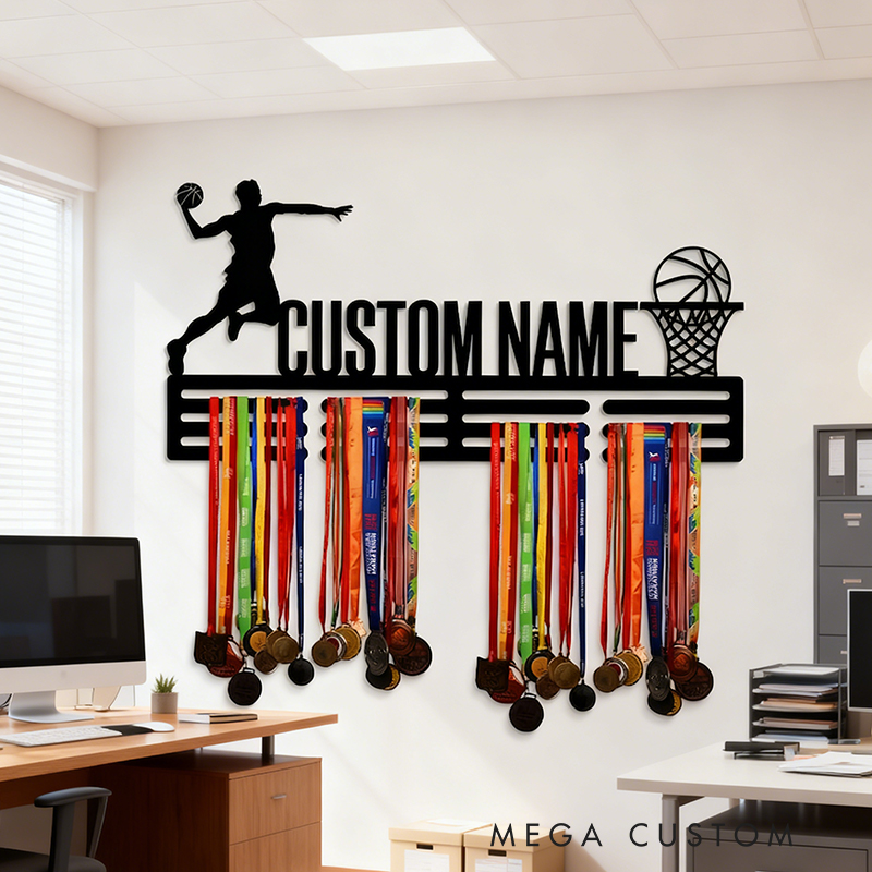 Personalized Basketball Medal Holder with Custom Name and Dunking Player Design