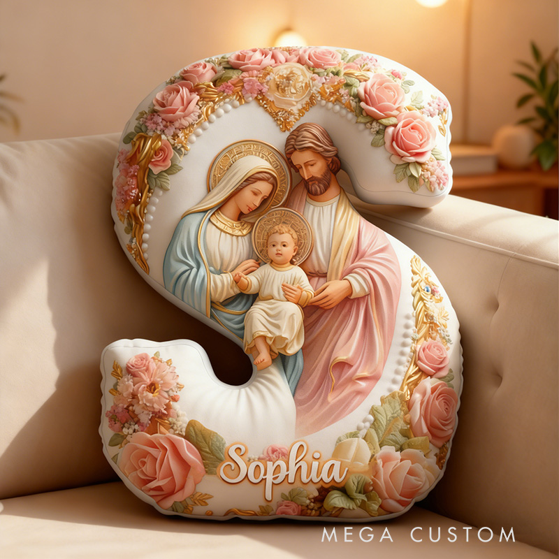 Personalized Nativity Scene Letter Pillow with Custom Name Religious Home Decor O Holy Night Pillow Gift for Prayer Mary Joseph Jesus Graphic 3D Print