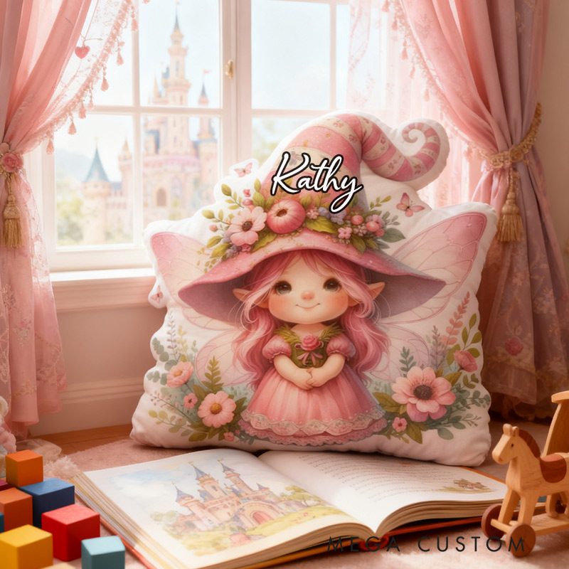 Personalized Fun Girl Pillow Pink Garden Fairy Pillow  with Name Gift for Kids Gardening Lovers Gift