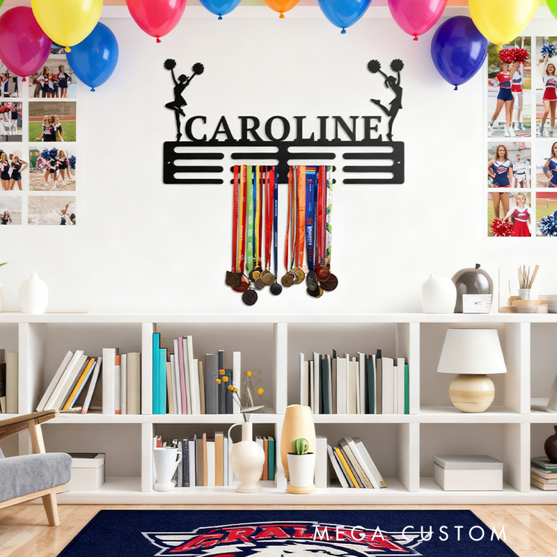 Personalized Cheerleading Medal Holder with Custom Name and Cheerleader Silhouettes Design