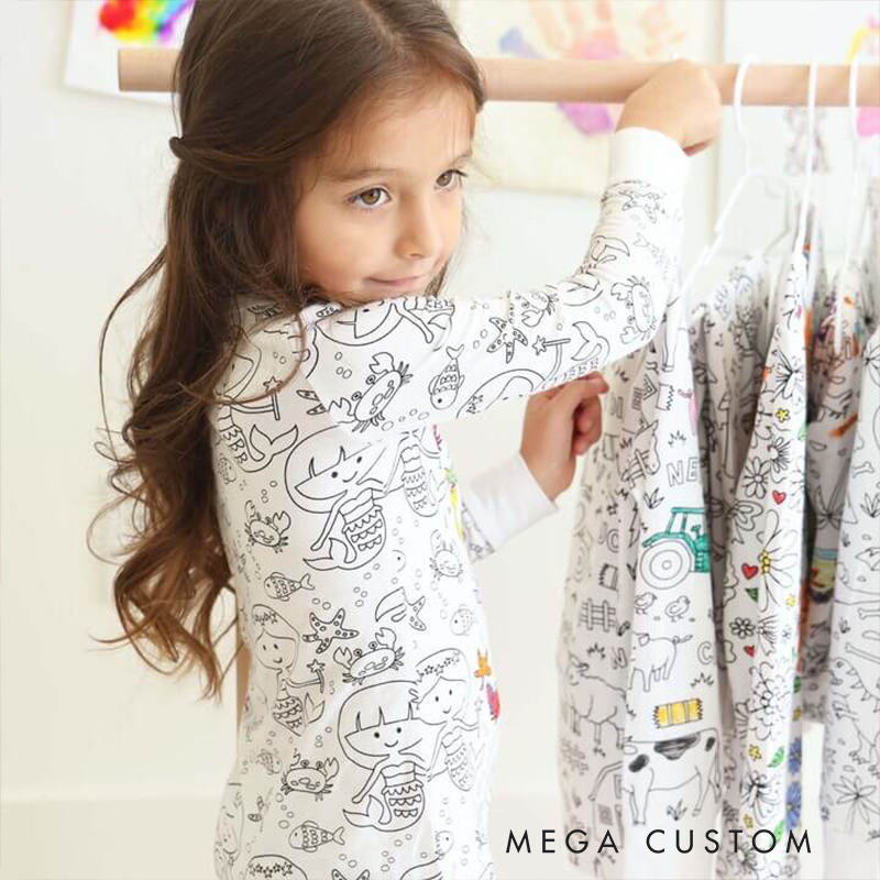 Personalized Coloring Custom  Mermaid Magic Creative Gift Fun Art Style Interactive Play Educational Cozy Sleepwear Cute Dream Kids DIY Drawing Adventure Colorable Two Piece Pajama Set