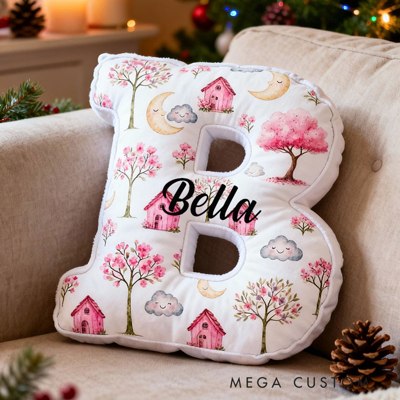 Personalized Letter Pillow Custom Whimsical Pink Cottage And Nature Design Soft Cushion Adorable Home Decor Perfect Gift For Kids Bedrooms