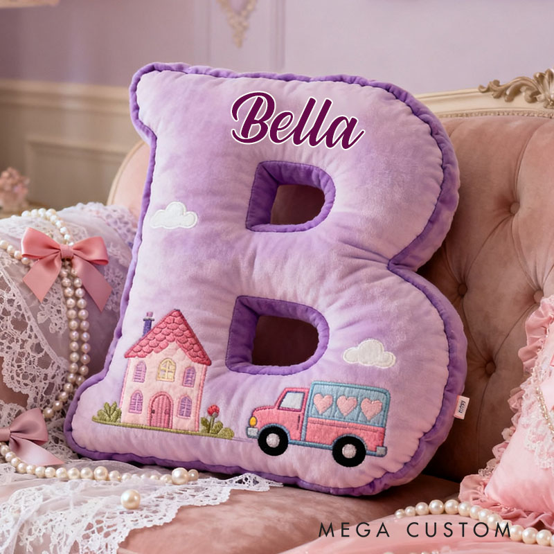 Personalized Letter Pillow Custom Purple Cottage And Heart Truck Design Perfect Gift For Kids Bedrooms Or Special Occasions Graphic 3D Print