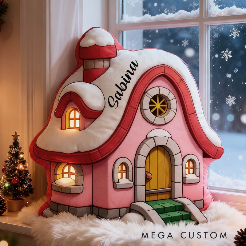Personalized Cottage Pillow Custom Snowy Pink House Design Holiday Home Decor Perfect Gift For Kids Graphic 3D Print