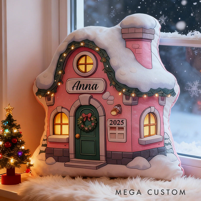 Personalized Christmas Cottage Pillow Custom Snowy Pink House Design Holiday Home Decor Christmas Gifts Graphic 3D Print