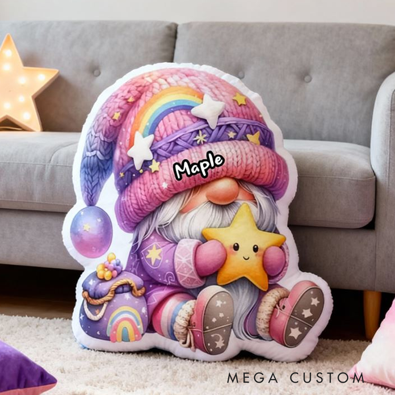 Personalized Rainbow Gnome Name Custom Soft Decorative Gift Magical Fantasy Style Cute Cozy Dream Colorful Star Moon Whimsical Joyful Home Decor Graphic 3D Print Pillow