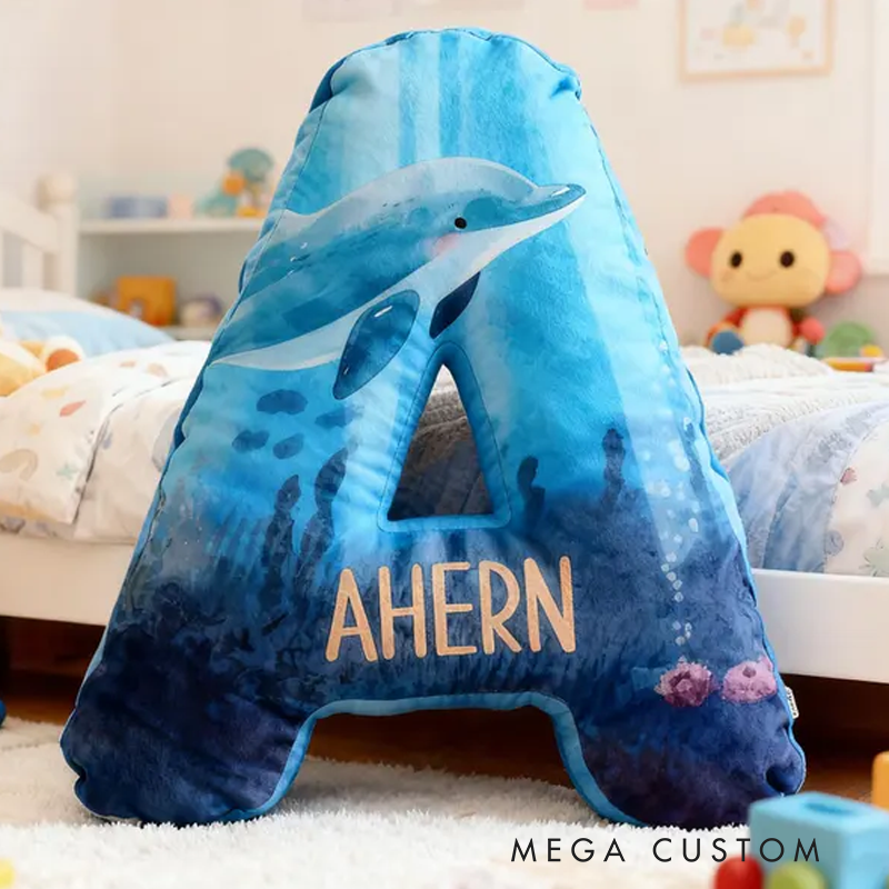 Personalized Dolphin Ocean Letter Name Custom Soft Decorative Gift Sea Adventure Style Blue Underwater Cute Cozy Wave Marine Animal Fantasy Graphic 3D Print Pillow