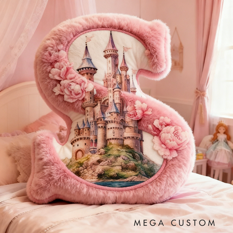 Personalized Pink Letter Christmas gift Pillow with Fairy Tale Castle Design Pink Fantasy Theme Dreamy Princess Style Graphic 3D Print Pillow