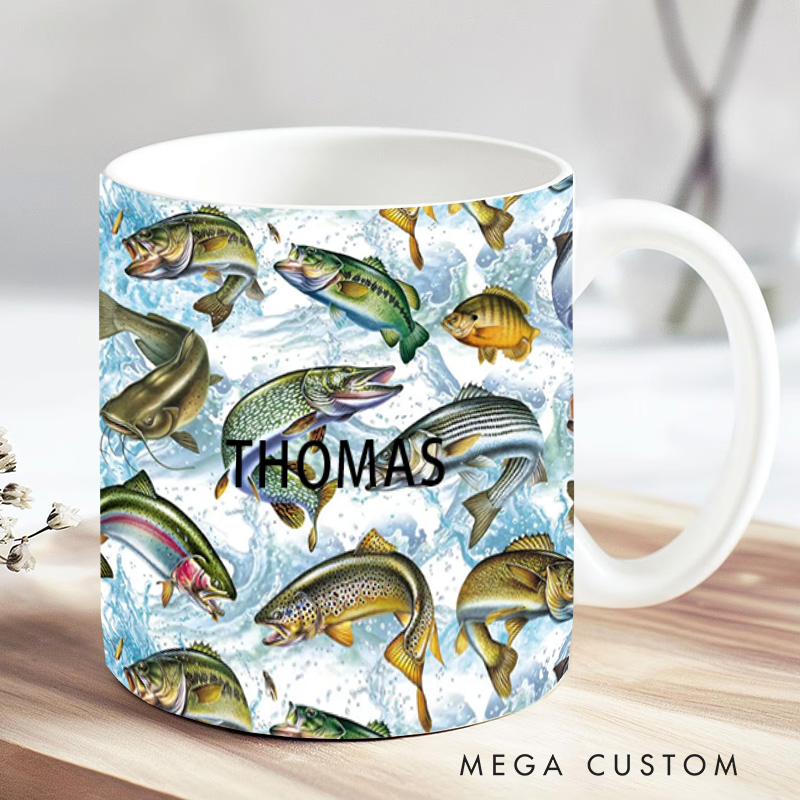 Personalized Fishing Mug Funny Fishing Mug Custom Name Colorful Fish Design Perfect Gift for Fishing Enthusiasts Durable Ceramic Coffee Cup