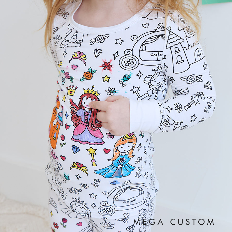 Personalized Coloring Name Custom Creative Gift Fun Art Style Interactive Play Educational Cozy Sleepwear Cute Dream Kids DIY Drawing Adventure Colorable Two Piece Pajama Set