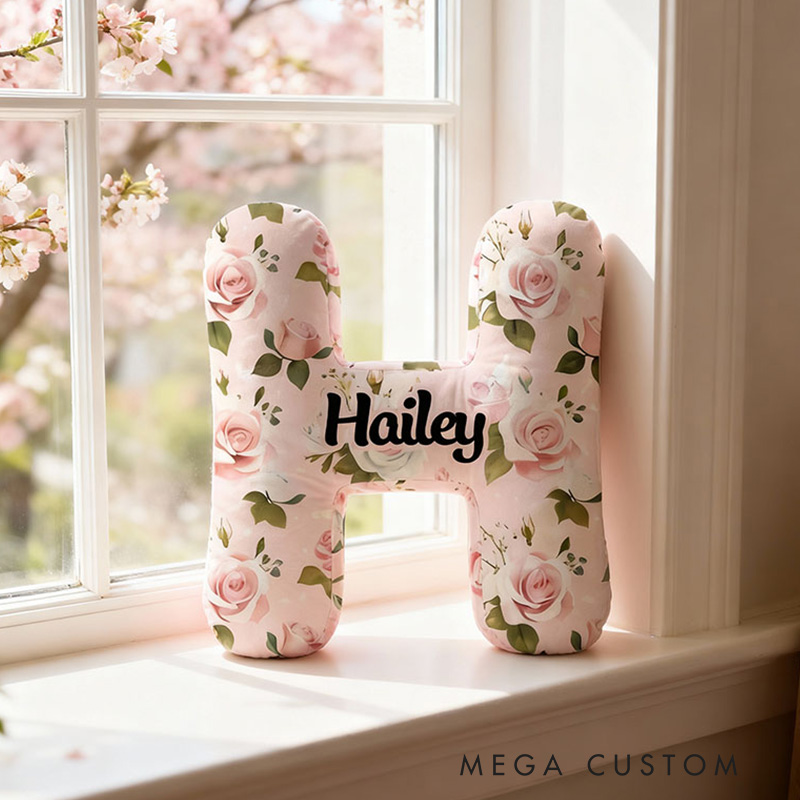 Personalized Letter Pillow with Pink Flowers Custom Name Pillow Gift for Kids Gardening Lovers Gift 