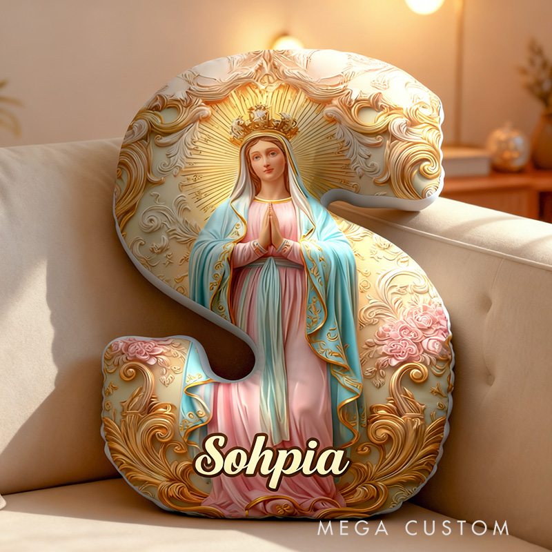 Personalized Virgin Mary Floral Letter Pillow with Custom Name Religious Home Decor Catholic Prayer Gift Our Lady of Guadalupe Blessed Graphic 3DPrint