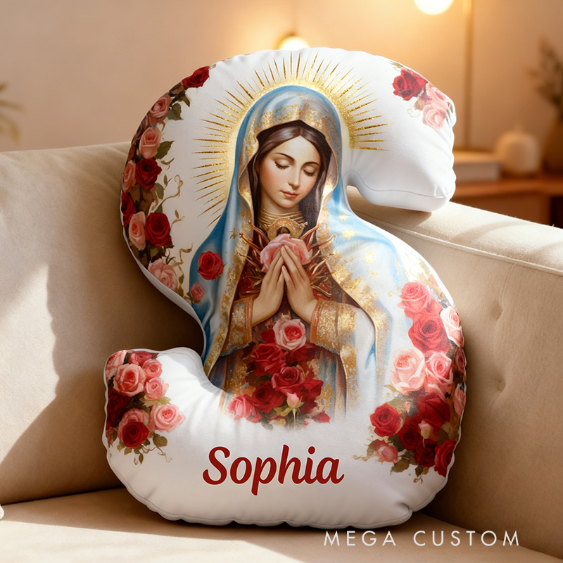 Personalized Virgen De Guadalupe Letter Pillow with Custom Name Home Decor Religious Christian Gift for Her Virgin Mary Red Rose Graphic 3D Print