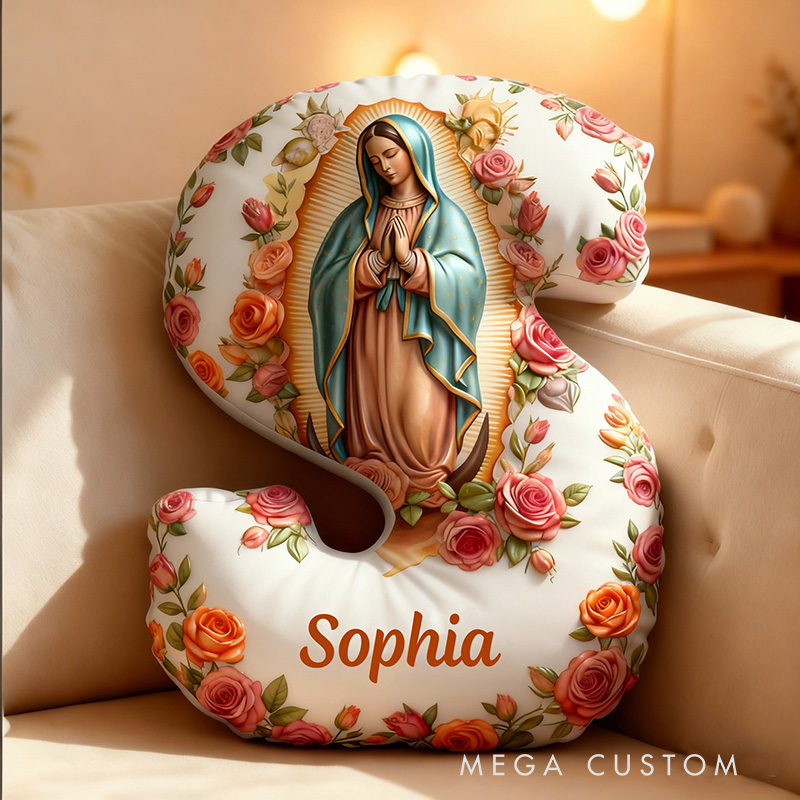 Personalized Virgin Mary Letter Pillow with Custom Name Home Decor Religious Christian Gift for Her Our Lady of Guadalupe Rose Graphic 3D Print Pillow