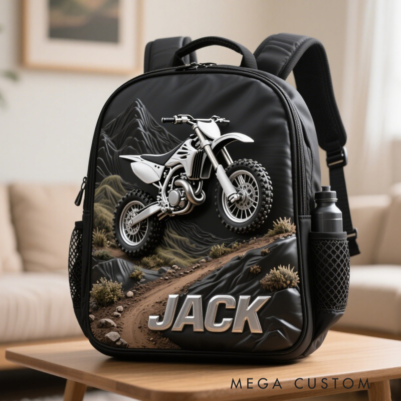 Personalized Motorcycle Backpack Custom Name Dirt Bike Oxford Fabric School Bag Gift for Bikers and Motorcycle Enthusiasts