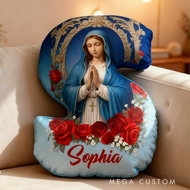 Personalized Virgin Mary Letter Pillow with Custom Name Home Decor Peace Light and Blessing Christian Gift for All Believers Red Rose Graphic 3D Print