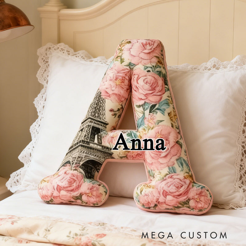 Personalized Letter Pillow Custom Paris Eiffel Tower And Floral Design Soft Plush Cushion Elegant Home Decor Graphic 3D Print