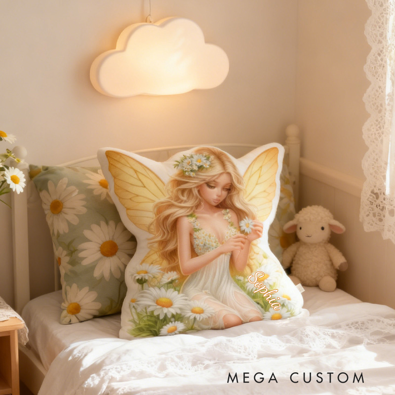 Personalized Daisy Fairy Throw Pillow Cute Garden Fairy Pillow with Name for Kids Girl Boy Gardener Christmas Gifts Loving Room Decor