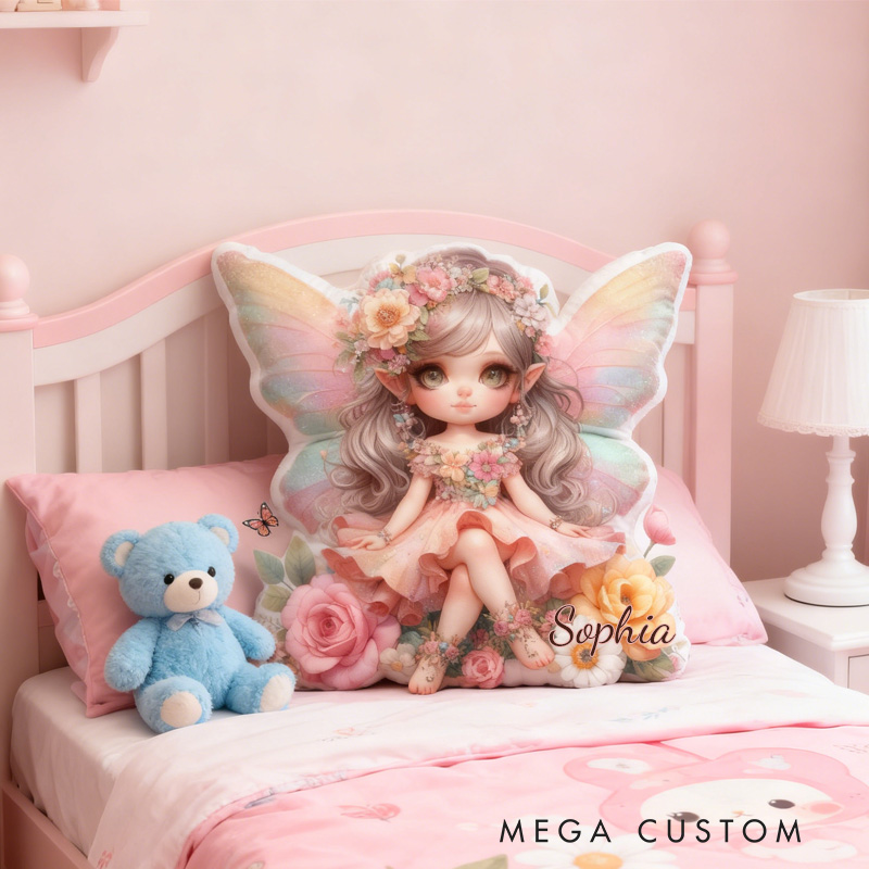 Personalized Cute Pink Fairy Throw Pillow Garden Fairy Pillow with Name for Kids Girl Boy Gardener Christmas Gifts Loving Room Decor