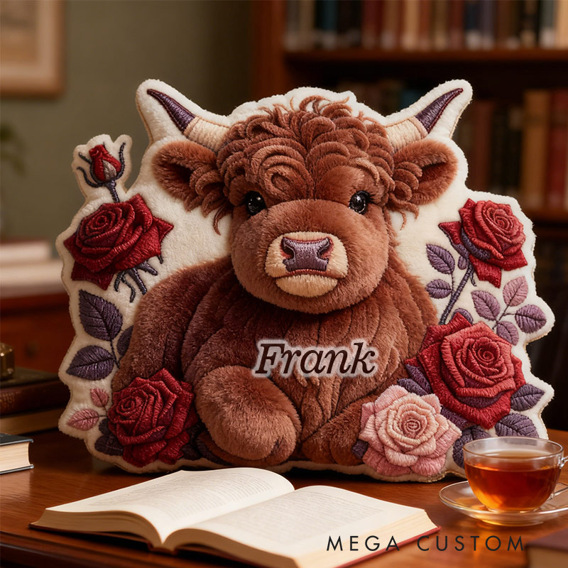 Personalized Rosy Highland Cow Garden Pillow with Custom Name Graphic 3D Print Pillow for Gardening Lovers