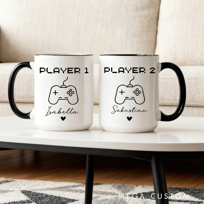 Personalized Gamer Couple Mugs Player 1 Player 2 Mugs Matching Gaming Mugs Retro Game Mugs Custom Gamer Coffee Mugs Gift for Couple Gamer Geek Gift