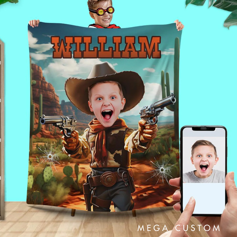Personalized Cowboy Photo Blanket Western Boy Gift Outdoor Adventure Gift Kid