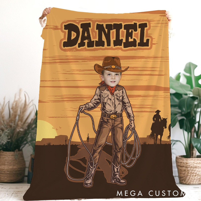 Personalized Cowboy Photo Blanket Custom Cowboy-Themed Blanket Western Boy Gift Outdoor Adventure Gift Kid