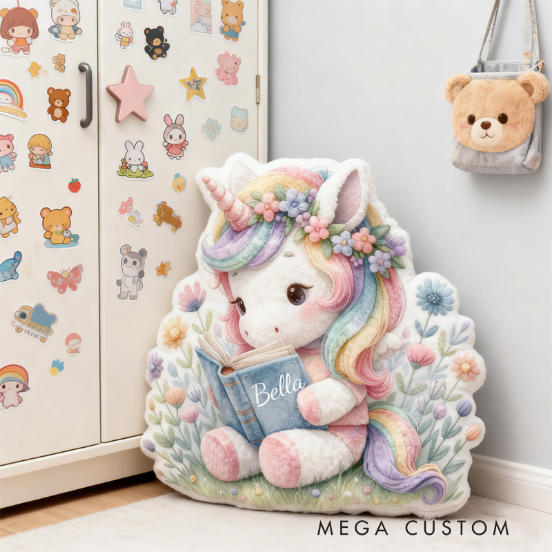 Personalized Reading Horse Throw Pillow Cartoon Horse Pillow with Name Book Pillow for Kids Boys Girls Book Lover Christmas Gift