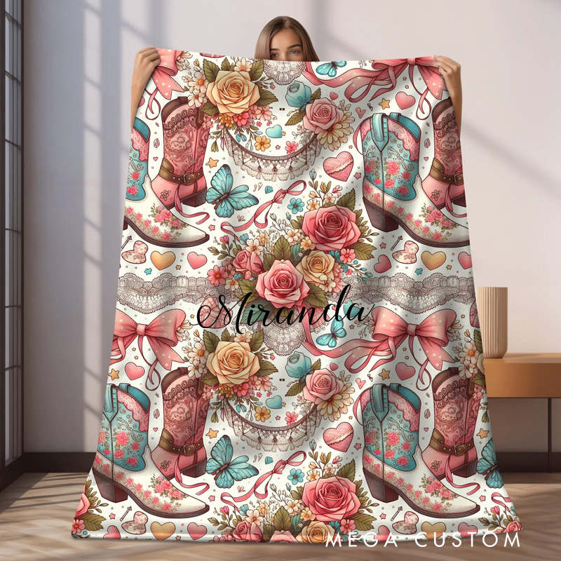 Personalized Coquette Cowgirl Plush Blanket  Dorm Room Decor Gift for Mom or Girlfriend Vintage Cowgirl Coquette Throw Blanket  Girly Decor