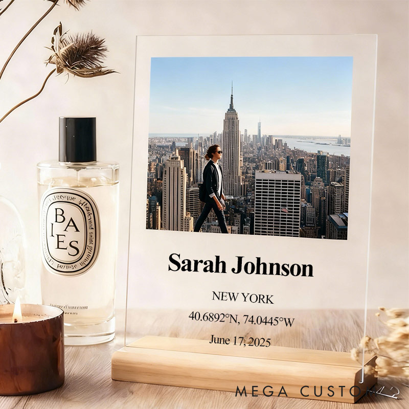 Personalized Acrylic Voyage Display with Wooden Base for Travel Lovers