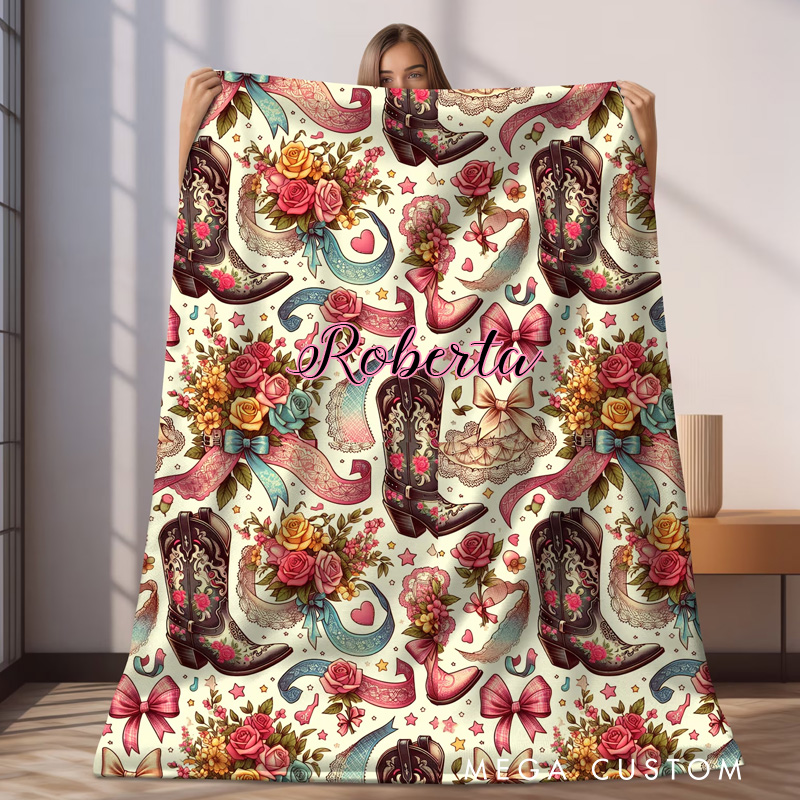 Personalized Floral Western Boots Blanket Coquette Cowgirl Plush Blanket Dorm Room Decor Gift for Mom or Girlfriend Outdoor Enthusiasts