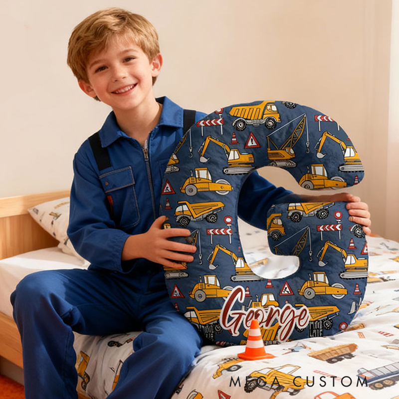 Personalized Construction Letter Name Custom Soft Decorative Gift Builder Truck Style Fun Cozy Kid Room Excavator Adventure Yellow Helmet Road Work Graphic 3D Print Pillow