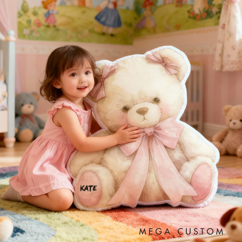 Personalized Teddy Bear Name Custom Soft Decorative Gift Cute Pink Bow Style Cozy Warm Hug Sweet Childhood Memory Plush Friend Lovely Nursery Graphic 3D Print Pillow