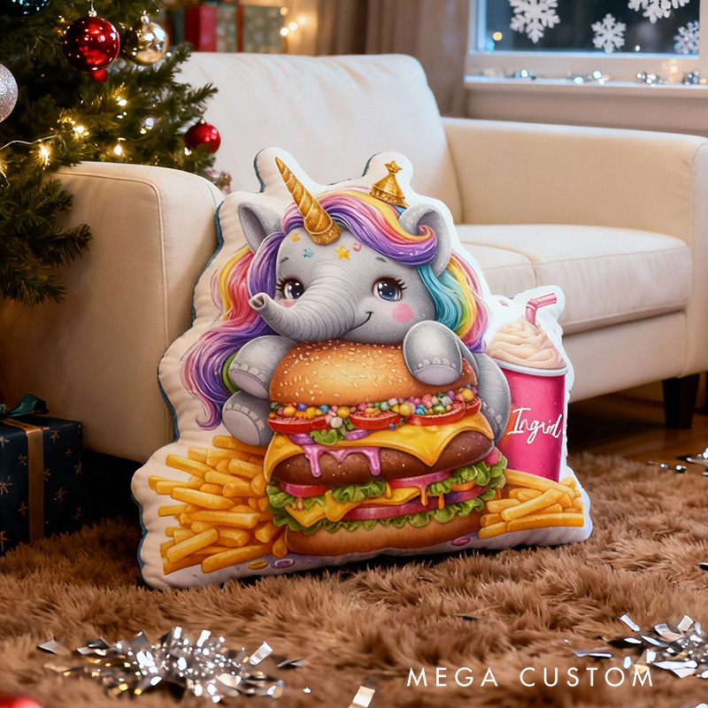 Personalized Elephant and Hamburger Throw Pillow with Name Cute Burger Pillow for Kids Girl Baker Christmas Gifts Loving Room Decor