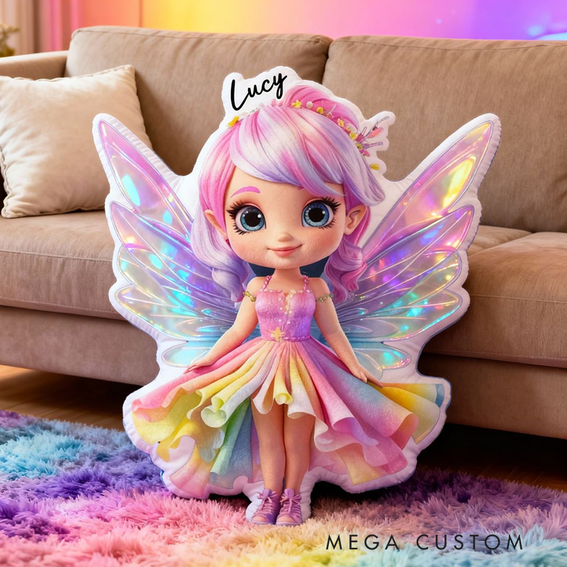Personalized Fairy Girl Name Custom Soft Decorative Gift Magical Rainbow Style Sparkle Wings Cute Dream Whimsical Fantasy Colorful Cozy Room Decor Graphic 3D Print Pillow
