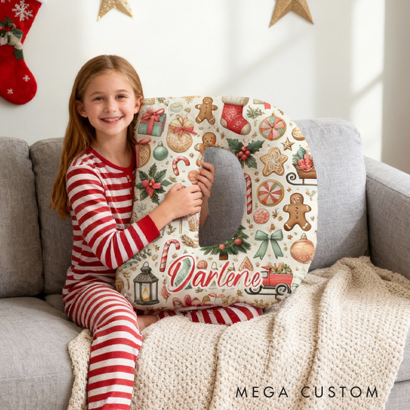 Personalized Christmas Cookie Alphabet Throw Pillow with Name Gingerbread Letter Pillow for Kids Girl Baker Christmas Gifts Loving Room Decor