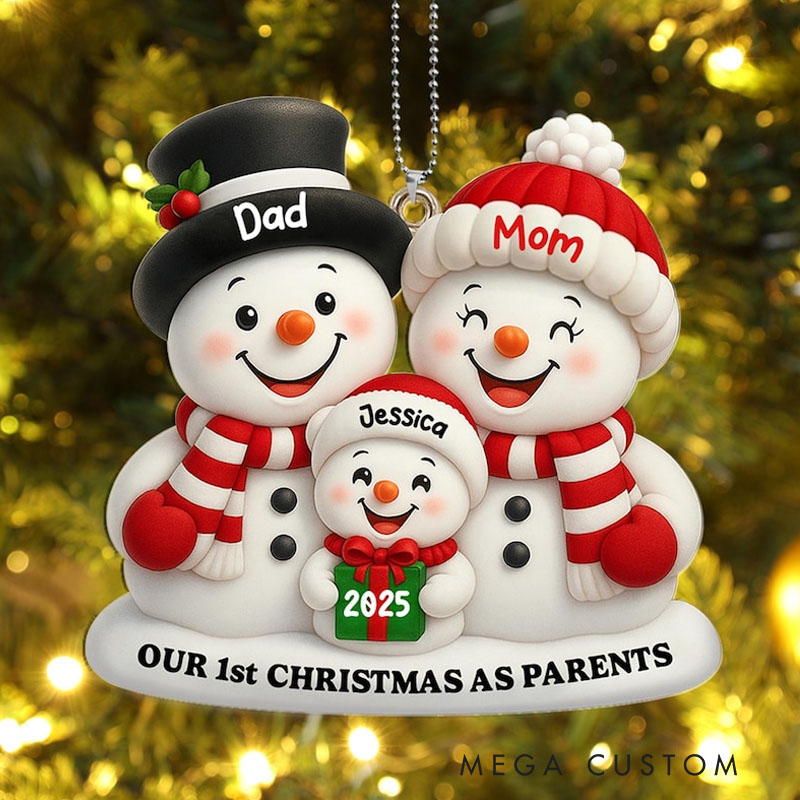Personalized Family of 3 Christmas Ornament 2025 Our 1st Christmas as Parents Acrylic Snowman Xmas Tree Decor New Parents Christmas Gifts