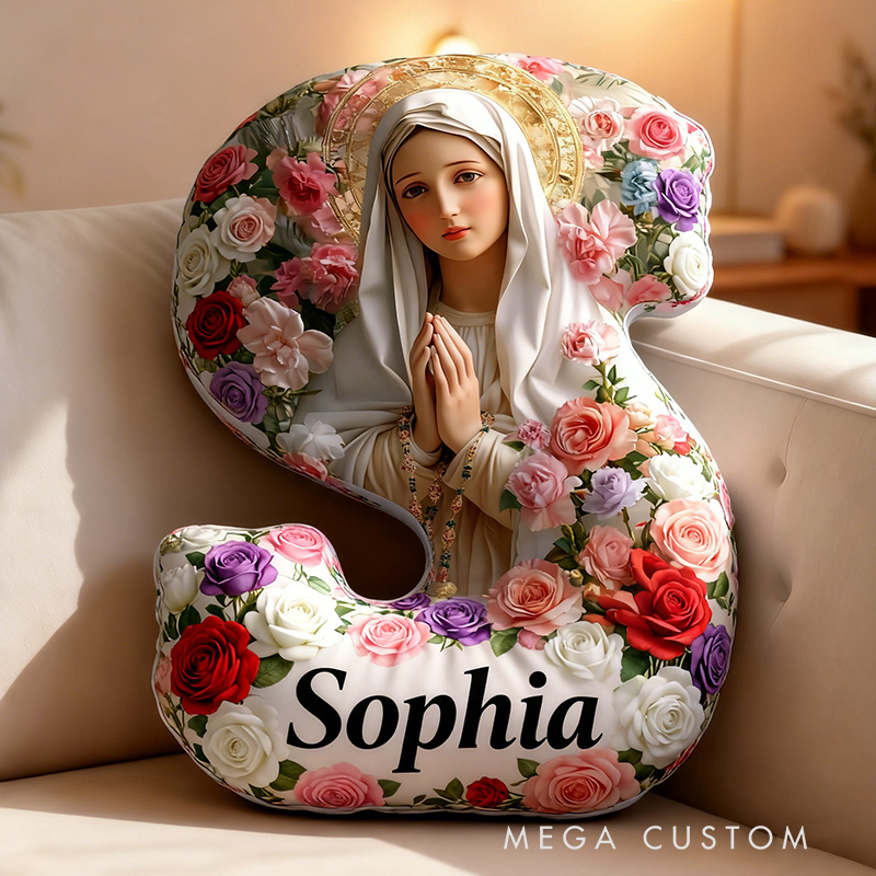 Personalized Virgin Mary Letter Pillow with Custom Name Home Decor Catholic Gift for Women Religious Gift for Believer Froral Graphic 3D Print Pillow