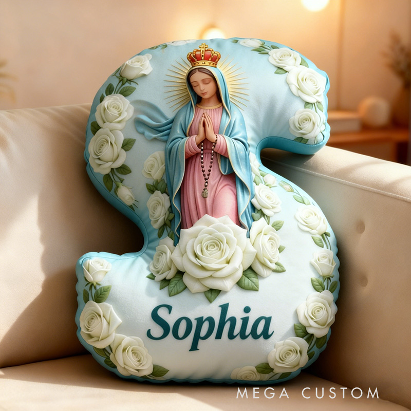 Personalized Virgin of Guadalupe Letter Pillow with Custom Name Religious Home Decor Catholic Prayer Gift for Her White Rose Graphic 3D Print Pillow