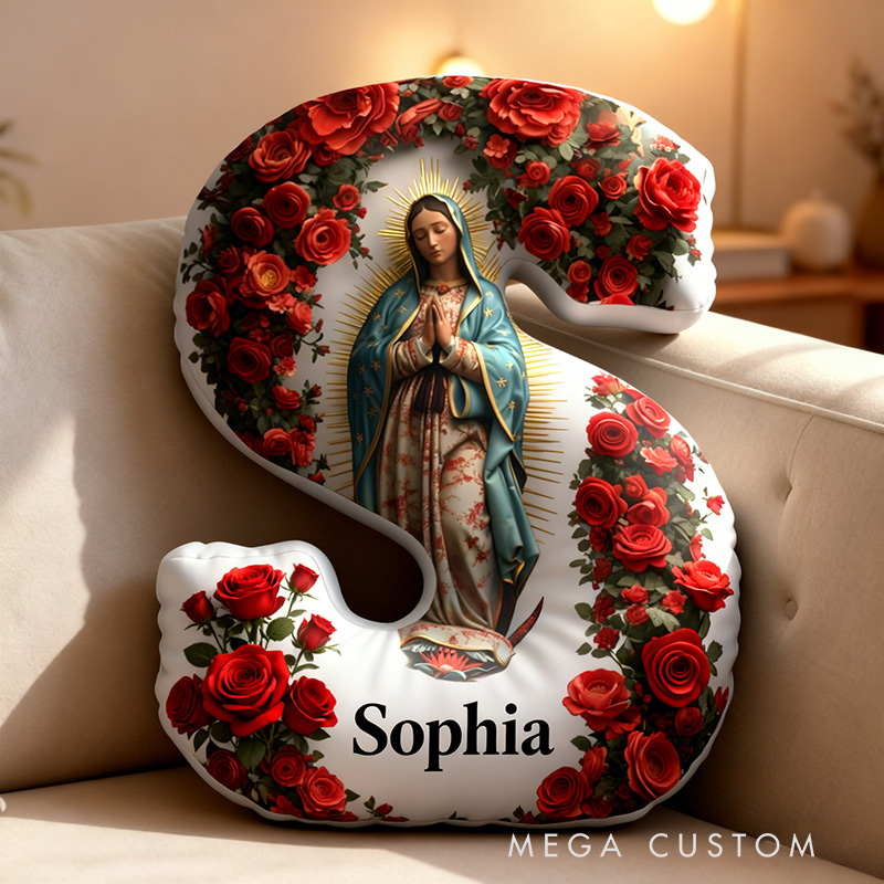 Personalized Our Lady of Guadalupe Letter Pillow with Custom Name Home Decor Catholic Gift for Her Blessed Virgin Mary Red Rose Graphic 3DPrint Pillow