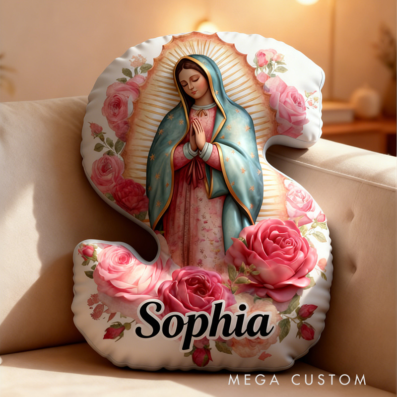 Personalized Virgen de Guadalupe Letter Pillow with Custom Name Religious Home Decor Catholic Gift for Her La Guadalupana Pink Rose Graphic 3D Print