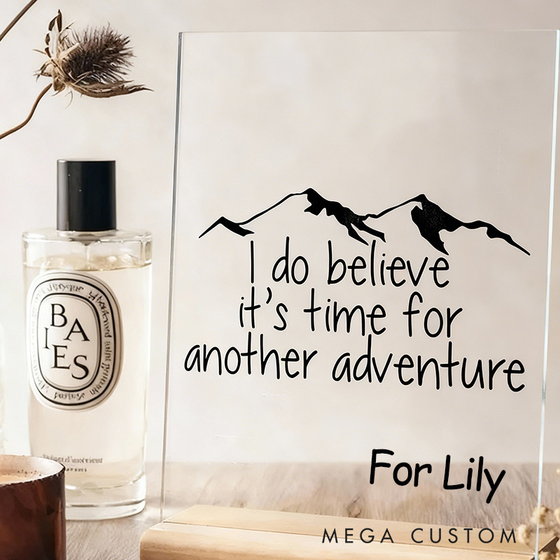 Personalized Adventure Awaits Acrylic Display with Wooden Base for Travel Lovers