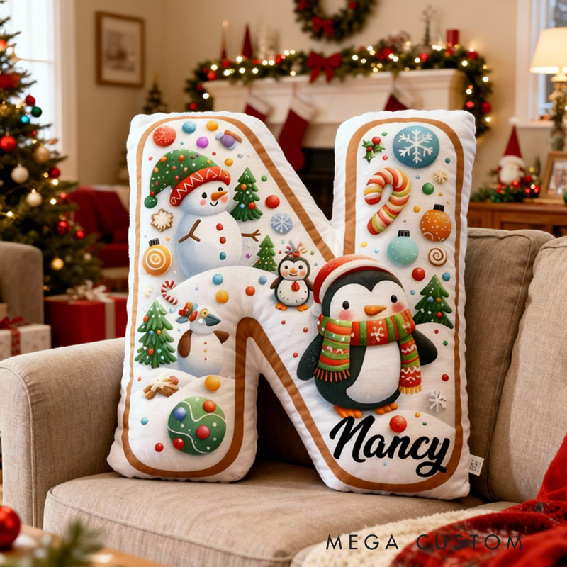 Personalized Christmas Initial Pillow Graphic 3D Print Custom Name Pillow Festive Holiday Pillow Housewarming Gift Family Gift 