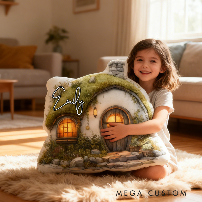 Personalized Hobbit Houses Pillow Graphic 3D Print Custom Name Cottagecore Pillow Gift for Kids Famlily Housewarming Gift Cozy Home Decor